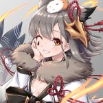  1girl animal_ears azur_lane bra bra_peek extra_ears fur-trimmed_kimono fur_trim grey_background ink_stain japanese_clothes kimono looking_at_viewer one_eye_closed simple_background smile solo suzutsuki_(azur_lane) underwear waa!_okami white_kimono yellow_eyes 