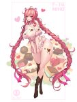  1girl ahoge apron bangs black_legwear braid breasts candy character_name chocolate chocolate_on_clothes food full_body heart highres large_breasts last_origin long_hair looking_at_viewer pink_eyes pink_hair smile t-14_miho thighhighs toriseru_(thesuperhero) twin_braids very_long_hair waist_apron 