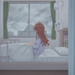  1girl ahoge bed brown_hair examination_table highres hospital hospital_bed intravenous_drip long_hair machikado_mazoku mikazuchi_zeus snow solo tree window yoshida_yuuko_(machikado_mazoku) 