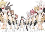  6+girls absurdres animal_ears bangs black_hair blonde_hair blue_eyes blush bow breasts brown_eyes brown_hair bunny_ears cat_ears cleavage cleavage_cutout closed_mouth clothing_cutout commentary_request dog_ears fox_ears glasses hair_over_one_eye hands_together highres large_breasts leotard long_hair long_sleeves looking_at_viewer maid maid_headdress medium_breasts multiple_girls open_mouth original pink_hair ponytail puffy_short_sleeves puffy_sleeves purple_hair red_bow red_eyes red_hair shiny shiny_clothes shiny_hair shiny_skin short_hair short_sleeves simple_background smile tanaka_takayuki thighhighs tied_hair white_background white_legwear wrist_cuffs 