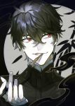 1boy black_hair face fingernails hair_between_eyes holding holding_pipe honey_dogs male_focus original parted_lips pipe red_eyes smile smoke smoking solo upper_body 