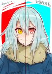  1other androgynous bangs blue_hair closed_mouth dual_persona eyebrows_visible_through_hair fur fur_collar fur_scarf hair_between_eyes long_hair looking_at_viewer red_eyes rimuru_tempest sakusan_yousoeki scarf simple_background smile tensei_shitara_slime_datta_ken yellow_eyes 