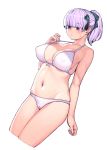  1girl ashimine_arumi bangs bar_censor blunt_bangs blush breasts cameltoe censored cleft_of_venus commentary_request covered_nipples cropped_legs eyebrows_visible_through_hair hair_ornament hamada_yoshikazu hand_up highres large_breasts looking_away navel ponytail purple_eyes purple_hair simple_background solo stomach sweatdrop tsugumomo white_background 