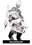  1girl :d ankle_boots blush boots english_text feet_out_of_frame girls_frontline greyscale hat holding instrument meme monochrome open_mouth photo-referenced pleated_skirt plume simple_background skirt smile solo spas-12_(girls_frontline) ssambatea standing thighhighs tuba white_background 