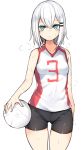  1girl bike_shorts blue_eyes breasts hair_ornament hairclip highres looking_at_viewer original otokuyou ringo-chan_(otokuyou) short_hair simple_background solo sportswear sweat volleyball volleyball_uniform white_background white_hair 