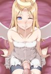  1other angel angel_wings arm_support bare_arms black_shorts blonde_hair blue_eyes blush broken_halo closed_mouth commentary_request crimvael cum dress ejaculation facial flat_chest futanari halo highres himesamaiove ishuzoku_reviewers large_penis long_hair looking_at_viewer multiple_penises nose_blush off-shoulder_dress off_shoulder one-eyed penis penises_touching projectile_cum shorts sitting solo_focus white_dress white_wings wings 