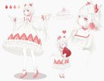  1girl absurdres albino blush bow bowtie cake cake_slice closed_eyes dress food food_themed_clothes frilled_dress frills fruit heart heart-shaped_pupils highres horns kotarou_(kot_mochi) long_sleeves multiple_views original pointy_ears red_bow red_eyes red_footwear standing strawberry symbol-shaped_pupils white_dress white_hair white_legwear white_skin wings 