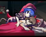  2girls bangs bed bedroom black_capelet blanket blue_hair bow box breasts brown_eyes brown_hair capelet closed_mouth detached_sleeves donation_box doremy_sweet dress eyebrows_visible_through_hair eyes_visible_through_hair frilled_bow frills hair_bow hakama hakurei_reimu hat japanese_clothes kaliningradg leaning_forward looking_at_another looking_to_the_side lying medium_breasts medium_hair multicolored multicolored_clothes multicolored_dress multiple_girls nightcap nightgown nontraditional_miko on_side parody picture_frame pillow pom_pom_(clothes) power-up purple_eyes red_bow red_hakama red_headwear room sendai_hakurei_no_miko short_hair sleepwear tail tapir_tail the_simpsons touhou v-shaped_eyebrows yin_yang 