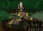  1girl absurdres black_eyes black_hair breasts bush caterpillar_tracks chi-hatan_(emblem) chi-hatan_military_uniform commentary_request emblem forest girls_und_panzer ground_vehicle highres long_hair military military_vehicle motor_vehicle nature nishi_kinuyo open_mouth pzmark_hobby tank tree type_97_chi-ha 