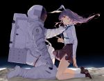  1boy 1girl animal_ears astronaut black_skirt blue_neckwear breasts bullet_hole bunny_ears english_commentary finger_gun floating_hair highres hillly_(maiwetea) kneeling long_hair medium_breasts necktie purple_hair red_eyes reisen_udongein_inaba science_fiction shirt shirt_tucked_in skirt space syringe touhou white_shirt 