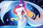  2020 5_fingers anthro areola breasts digital_media_(artwork) eyebrows eyelashes female fingers fish gravedust hair koveliana marine midriff navel nipples non-mammal_breasts nude partially_submerged purple_hair shark smile solo standing 