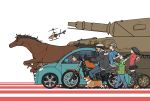  2girls 3boys aircraft animal black_hair blonde_hair braid braided_ponytail breasts car caterpillar_tracks commentary_request controller dog furukawa_herzer glasses ground_vehicle hat helicopter helmet horse military military_vehicle motor_vehicle motorcycle multiple_boys multiple_girls nengajou new_year open_mouth original panzerkampfwagen_iv remote_control short_hair smile tank tongue tongue_out volkswagen volkswagen_beetle white_background 