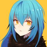  1other androgynous bangs blue_hair eyebrows_visible_through_hair fur fur_collar fur_scarf hair_between_eyes long_hair looking_at_viewer open_mouth rimuru_tempest sakusan_yousoeki scarf simple_background solo tensei_shitara_slime_datta_ken yellow_background yellow_eyes 