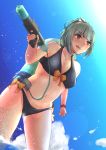  1girl blue_sky bow breasts brown_eyes cloud collarbone cowboy_shot day grey_hair hair_bow kantai_collection kouno_(no04-264c) long_hair navel outdoors ponytail sky small_breasts solo standing tongue tongue_out water_gun yuubari_(kantai_collection) 
