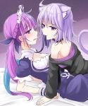  2girls ahoge animal_ear_fluff animal_ears aqua_hair bare_shoulders black_choker black_hoodie blue_ribbon blush braid breasts cat_ears cat_tail choker cleavage cleavage_cutout clothing_cutout commentary_request french_braid hair_ribbon hololive hood hoodie ichimi long_hair long_sleeves looking_at_another maid_headdress minato_aqua mouth_hold multicolored_hair multiple_girls nekomata_okayu off_shoulder open_mouth puffy_short_sleeves puffy_sleeves purple_eyes purple_hair ribbon ribbon_in_mouth short_hair short_sleeves small_breasts streaked_hair tail twintails virtual_youtuber yuri 