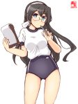  1girl alternate_costume artist_logo ass_visible_through_thighs black_buruma black_hair buruma clipboard commentary_request contrapposto cowboy_shot dated green_eyes gym_uniform hairband highres kanon_(kurogane_knights) kantai_collection long_hair looking_at_viewer ooyodo_(kantai_collection) pen revision semi-rimless_eyewear shirt simple_background solo standing t-shirt under-rim_eyewear white_background white_hairband white_shirt 