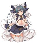  1girl :3 animal_ears aqua_eyes azur_lane bare_shoulders black_dress black_hair breasts cat_ears cheshire_(azur_lane) cleavage detached_sleeves dress fake_animal_ears frilled_dress frills headdress highres large_breasts looking_at_viewer multicolored_hair short_hair simple_background smile solo streaked_hair thighhighs two-tone_dress white_background white_legwear wrist_cuffs y.i._(lave2217) zettai_ryouiki 