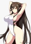  1girl armpits arms_behind_head arms_up bangs bare_shoulders black_hair blush breasts cleavage collarbone covered_navel fate/apocrypha fate_(series) highleg highleg_swimsuit highres large_breasts long_hair looking_at_viewer one-piece_swimsuit pointy_ears semiramis_(fate) simple_background slit_pupils swimsuit thighs white_background white_swimsuit yellow_eyes zeroshiki_kouichi 
