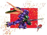  cham_fau chibi clenched_hand dunbine fairy flying green_eyes holding holding_sword holding_weapon insect_wings looking_at_viewer mecha red_eyes red_hair seisenshi_dunbine sword vigwer weapon wings 