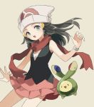  1girl beanie budew commentary dawn_(pokemon) eyelashes fingernails gen_4_pokemon grey_hair hair_ornament hairclip hand_up hat long_hair open_mouth pokemon pokemon_(creature) pokemon_(game) pokemon_dppt red_scarf scarf smile spread_fingers tongue white_headwear zges 