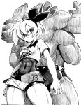  1girl absurdres back-to-back bea_(pokemon) bodysuit covered_navel cowboy_shot eudetenis extra_arms gen_1_pokemon graphite_(medium) hairband highres machamp monochrome pokemon pokemon_(game) pokemon_swsh serious short_hair shorts signature toned traditional_media 