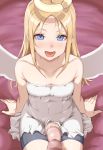  1other :d angel angel_wings arm_support bare_arms black_shorts blonde_hair blue_eyes blush broken_halo commentary_request crimvael dress flat_chest futanari halo highres himesamaiove ishuzoku_reviewers large_penis long_hair looking_at_viewer multiple_penises naughty_face nose_blush off-shoulder_dress off_shoulder open_mouth penis penises_touching shorts sitting smile solo_focus white_dress white_wings wings 