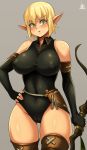  1girl :&lt; absurdres annoyed black_gloves black_leotard blonde_hair boots bow breasts brown_legwear covered_nipples elf evangelyne eyebrows eyebrows_visible_through_hair fingerless_gloves freckles gloves green_eyes hand_on_hip highres jmg large_breasts leotard looking_at_viewer navel nipples pointy_ears short_hair signature sleeveless thigh_boots thighhighs thighs wakfu 