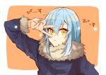  1other androgynous bangs blue_hair closed_mouth eyebrows_visible_through_hair fur fur-trimmed_gloves fur_collar fur_scarf fur_trim gloves hair_between_eyes long_hair looking_at_viewer rimuru_tempest sakusan_yousoeki scarf simple_background solo star_(symbol) tensei_shitara_slime_datta_ken v_over_eye yellow_eyes 