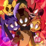  2020 animatronic anthro avian beak bib bird black_nose black_sclera blue_eyes bonnie_(fnaf) bow brown_body brown_fur buckteeth canid canine chica_(fnaf) chicken cupcake_(fnaf) eye_patch eyebrows eyelashes eyewear female fingers five_nights_at_freddy&#039;s fox foxy_(fnaf) freddy_(fnaf) fur galliform gallus_(genus) golden_freddy_(fnaf) group guitar hi_res hook lagomorph leporid looking_at_viewer machine male mammal musical_instrument open_mouth phasianid plucked_string_instrument purple_body purple_fur rabbit red_body red_fur robot sharp_teeth string_instrument teeth tuft ursid video_games white_eyes yellow_body yellow_fur zzmaverickzz 