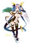  1girl 8055 asymmetrical_wings bangs bare_shoulders belt black_legwear black_panties blue_hair boots breasts buttons character_name choker cleavage cleavage_cutout clothing_cutout dizzy_(guilty_gear) eyebrows_visible_through_hair full_body guilty_gear guilty_gear_xrd hair_between_eyes hair_ribbon hair_rings high_heels large_breasts midriff monster_girl navel open_mouth panties red_eyes ribbon simple_background smile solo tail tail_ribbon thigh_gap thigh_strap thighhighs thighs twintails underwear white_background wings yellow_ribbon 