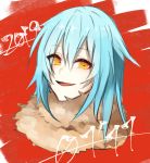  1other androgynous bangs blue_hair eyebrows_visible_through_hair fur fur_collar fur_scarf hair_between_eyes long_hair looking_at_viewer open_mouth rimuru_tempest sakusan_yousoeki scarf simple_background smile solo tensei_shitara_slime_datta_ken yellow_eyes 