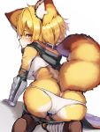  1girl absurdres animal_ear_fluff animal_ears arknights ass blonde_hair blush brown_footwear closed_mouth from_behind fur furrification furry highres looking_at_viewer panties short_hair simple_background solo tab_head tail underwear vermeil_(arknights) white_background white_panties yellow_eyes 