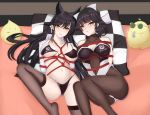  2girls animal_ears arms_behind_back atago_(azur_lane) atago_(stunning_speedster)_(azur_lane) azur_lane bangs bdsm bed bikini black_bikini black_hair black_legwear bodystocking bondage bound bow breasts bubblekong checkered chinese_commentary cleavage cleavage_cutout clothing_cutout commentary_request dog_ears extra_ears front-tie_top hair_flaps highres large_breasts long_hair looking_at_viewer lying manjuu_(azur_lane) mole mole_under_eye multiple_girls pantyhose pillow race_queen restrained ribbon shrug_(clothing) swept_bangs swimsuit takao_(azur_lane) takao_(full_throttle_charmer)_(azur_lane) thighhighs tied_up two-tone_bikini two-tone_leotard white_bow white_ribbon 