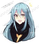  1other androgynous bangs blue_hair eyebrows_visible_through_hair fur fur_collar fur_scarf fur_trim hair_between_eyes long_hair looking_at_viewer open_mouth rimuru_tempest sakusan_yousoeki scarf simple_background smile solo tensei_shitara_slime_datta_ken very_long_hair yellow_eyes 