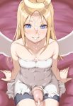  1other angel angel_wings arm_support bare_arms black_shorts blonde_hair blue_eyes blush broken_halo closed_mouth commentary_request crimvael cum dress ejaculation facial flat_chest futanari grin halo highres himesamaiove ishuzoku_reviewers large_penis long_hair looking_at_viewer naughty_face nose_blush off-shoulder_dress off_shoulder one-eyed penis shorts sitting smile solo white_dress white_wings wings 