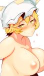  1girl blonde_hair blush breasts closed_mouth collarbone hat heart hekiga_(freelot) highres large_breasts looking_at_viewer nipples nude short_hair simple_background solo touhou upper_body white_background white_headwear yakumo_ran yellow_eyes 