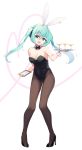  1girl absurdres animal_ears aqua_eyes aqua_hair bare_shoulders black_bow black_neckwear bow bowtie bunny_ears bunny_girl bunnysuit cocktail_glass commentary cup detached_collar drinking_glass full_body hatsune_miku heart high_heels highres holding holding_menu holding_tray long_hair looking_at_viewer menu open_mouth pantyhose sango_30 smile solo tray twintails vocaloid white_background 