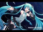  1girl aqua_eyes aqua_hair aqua_nails aqua_neckwear bare_shoulders black_legwear black_skirt black_sleeves blush boots cable commentary cowboy_shot dated detached_sleeves dutch_angle grey_shirt hair_ornament happy_birthday hatsune_miku headphones headset holding holding_microphone leg_up long_hair looking_at_viewer microphone miniskirt nail_polish necktie night one_eye_closed open_mouth outstretched_arm piano_keys pleated_skirt shirt skirt sky sleeveless sleeveless_shirt smile solo star_(sky) starry_sky sudachi_(calendar) thigh_boots thighhighs twintails very_long_hair vocaloid zettai_ryouiki 