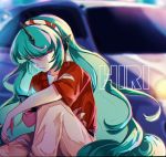  animal_ears aqua_hair blurry blurry_background car cellphone curly_hair green_eyes ground_vehicle hairband hidden_star_in_four_seasons highres himari-san_yanaika horns komainu komano_aun long_hair looking_down motor_vehicle pants phone red_shirt shirt shorts single_horn sitting smartphone touhou white_shorts 