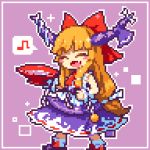  1girl bangs blush_stickers bow chain closed_mouth cube cup fang full_body hair_bow horn_bow horns ibuki_suika kumamoto_(bbtonhk2) long_hair lowres musical_note open_mouth orange_hair pink_background pixel_art purple_footwear purple_skirt red_bow red_neckwear ribbon-trimmed_legwear ribbon-trimmed_skirt ribbon_trim sakazuki shirt shoe_bow shoes simple_background skirt smile socks solo sphere spoken_musical_note standing torn_clothes torn_sleeves touhou white_bow white_legwear white_shirt wrist_cuffs 