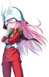  1girl absurdres bangs bettle_(b_s_a_n) black_capelet breasts capelet char_aznable char_aznable_(cosplay) cosplay gloves grin hair_ribbon hand_on_own_chin helmet highres himekuma_ribon jacket long_hair pants pink_hair pixel_art re:act red_jacket red_pants ribbon sidelocks small_breasts smile transparent_background virtual_youtuber white_gloves 