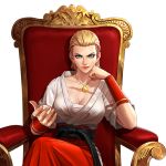  1girl artist_request belt black_belt blonde_hair blue_eyes breasts chest_scar chin_rest cleavage crossed_legs dougi eyeliner forehead geese_howard genderswap genderswap_(mtf) hair_slicked_back hakama japanese_clothes jewelry lady_geese_howard large_breasts lips looking_at_viewer makeup necklace official_art pendant red_hakama sarashi scar short_hair sitting smirk snk solo the_king_of_fighters the_king_of_fighters_all-stars throne transparent_background vambraces 