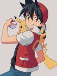  1boy backwards_hat baseball_cap belt black_hair black_shirt blue_pants brown_eyes commentary_request gen_1_pokemon grey_background grin hair_between_eyes hat holding holding_poke_ball medium_hair no_gloves on_shoulder pants pika_(pokemon) pikachu poke_ball poke_ball_(basic) pokemon pokemon_(creature) pokemon_adventures pokemon_on_shoulder red_(pokemon) red_headwear red_vest sayshownen shirt simple_background smile twitter_username upper_body vest watermark 