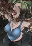  1girl asphyxiation breasts brown_hair butcha-u choking denim fellatio highres jeans jewelry jill_valentine large_breasts medium_hair monster necklace oral pants resident_evil resident_evil_3 sex tank_top tentacle_sex tentacles 