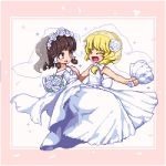  2girls bangs blonde_hair blush_stickers border bouquet bow braid bridal_veil bride brown_hair carrying closed_eyes dress dress_bow flower frilled_hair_tubes hair_tubes hakurei_reimu kirisame_marisa kumamoto_(bbtonhk2) looking_at_another lowres married medium_hair multiple_girls off-shoulder_dress off_shoulder open_mouth pink_border pixel_art princess_carry rose simple_background single_braid sleeveless sleeveless_dress smile star_(symbol) touhou veil wedding wedding_dress white_background white_bow white_flower white_rose 