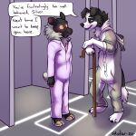  1:1 2020 absurd_res anthro border_collie bovid canid canine canis caprine claws clothing collie dialogue digital_drawing_(artwork) digital_media_(artwork) domestic_dog duo english_text half-closed_eyes herding_dog hi_res hooves hypnosis jumpsuit kassius kigurumi looking_at_another male mammal mind_control narrowed_eyes neck_tuft open_mouth pastoral_dog prison prisoner redfeatherstorm ringed_eyes sheep sheepdog shepherd&#039;s_crook signature silver_sheep speech_bubble standing story story_in_description text toe_claws tuft 