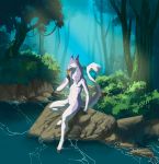  ambiguous_gender animated anthro colored commission_art commissions_open detailed detailed_background flower forest hi_res invalid_color male plant river sergal sipuha sitting smelling solo tailwag tree water wind 