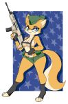  anthro bad_trigger_discipline blue_eyes bottomwear breasts canid canine clothed clothing eyewear female fingerless_gloves fn_scar fox glasses gloves gun handwear harness hat headgear headwear hi_res hidden-cat holding_object holding_weapon hotpants lt._fox_vixen mammal military partially_clothed ranged_weapon shorts skimpy solo squirrel_and_hedgehog star tactical_gear weapon 