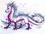  2020 ambiguous_gender asian_mythology barbel_(anatomy) blue_hair claws digital_media_(artwork) dragon east_asian_mythology eastern_dragon feral flesh_whiskers flower hair haku_(spirited_away) myarukawolf mythology pink_eyes plant solo standing 