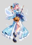  1girl arm_garter bangs black_footwear black_ribbon blue_bow blue_kimono blush bobby_socks bow breasts closed_mouth commentary eyebrows_visible_through_hair food frilled_kimono frills full_body ghost halloween halloween_basket hat highres hitodama holding holding_food ice_cream ice_cream_cone jack-o&#039;-lantern japanese_clothes kapuchii kimono knee_up large_breasts legs long_sleeves looking_at_viewer mary_janes mob_cap neck_ribbon obi one_knee pink_eyes pink_hair popcorn pumpkin red_eyes ribbon saigyouji_yuyuko sash sepia_background shoes short_hair short_socks socks solo standing standing_on_one_leg tongue tongue_out touhou triangular_headpiece wavy_hair wide_sleeves wing_collar 